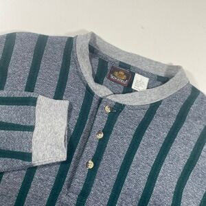 Sedgefield Mens Henley Shirt Large Green Grey Striped Herringbone Cotton